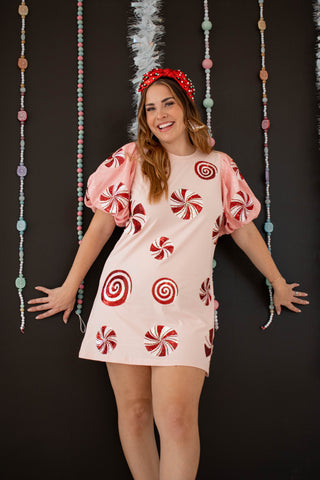 Sequin Poof Sleeve Peppermint Dress Light Pink Queen of Sparkles