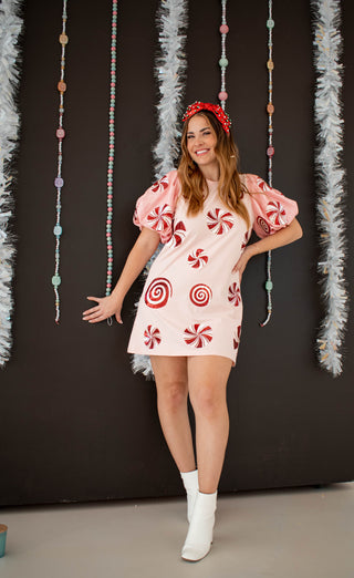 Sequin Poof Sleeve Peppermint Dress Light Pink Queen of Sparkles
