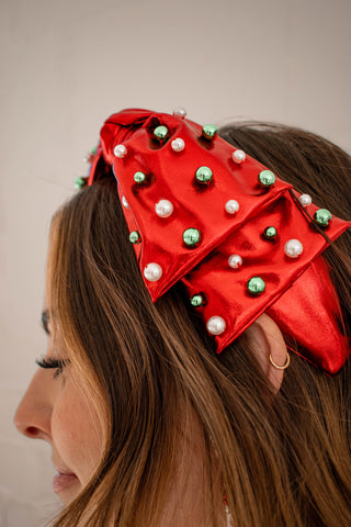 Christmas Bow Headband With Beads Red