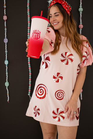 Sequin Poof Sleeve Peppermint Dress Light Pink Queen of Sparkles