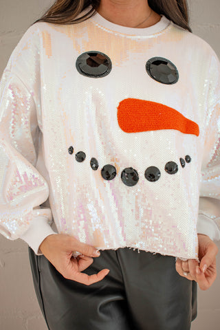 Full Sequin Snowman Face Sweatshirt White Queen of Sparkles
