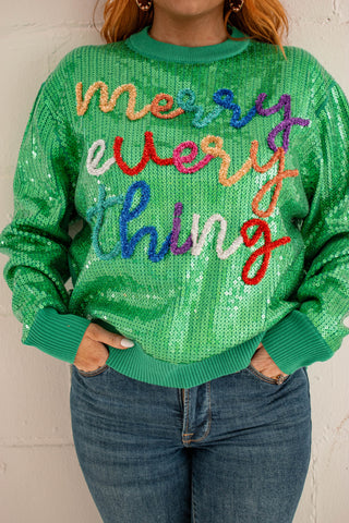 Full Sequin Merry Everything Sweater Green Queen of Sparkles