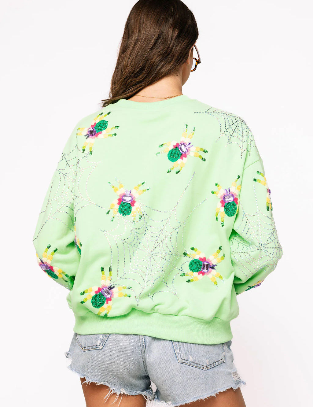 Preorder Fuzzy Spider & Web Sweatshirt - Neon Green [Queen of Sparkles]