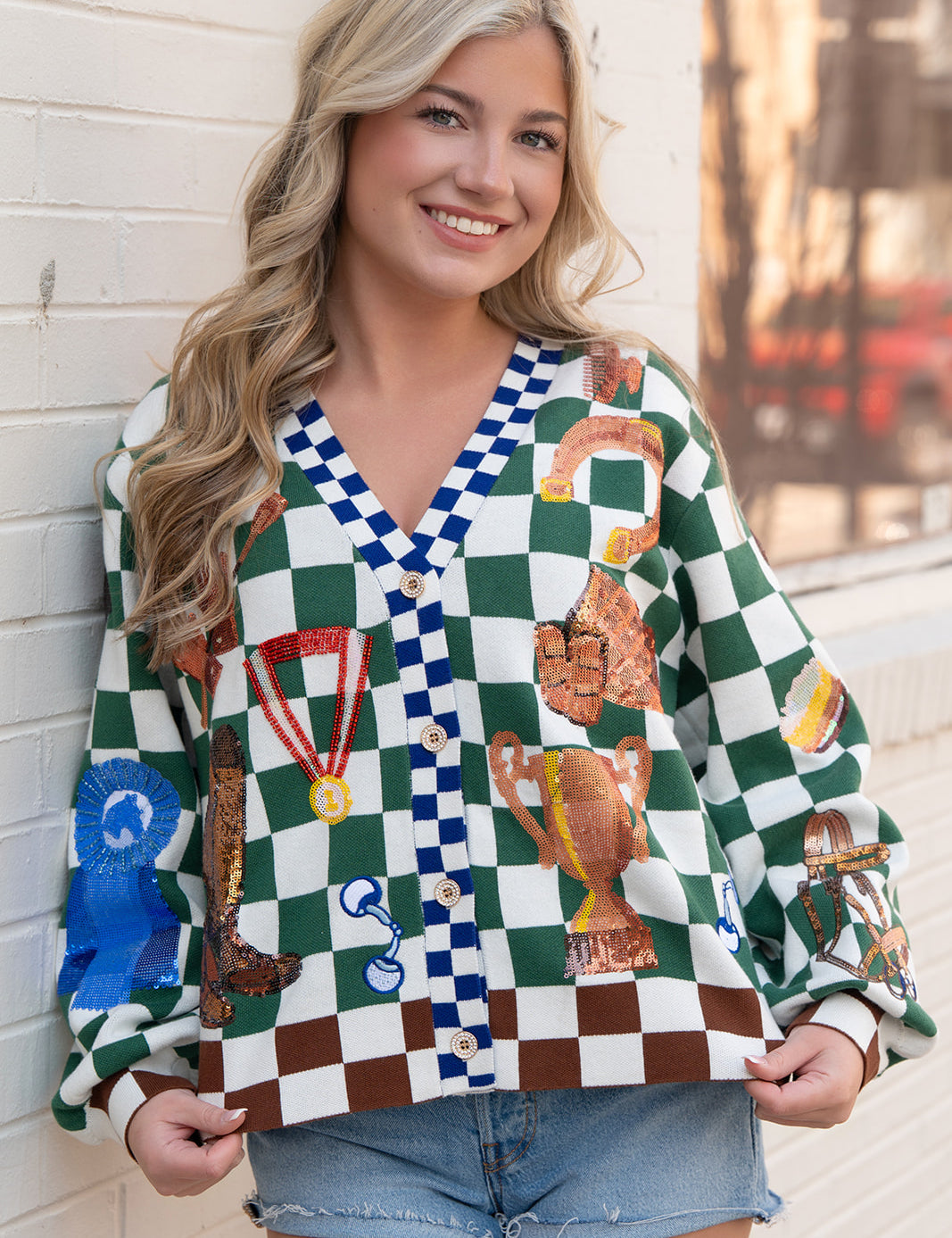 Queen of Sparkles Multi Checkered Derby Icon Button Up Cardigan