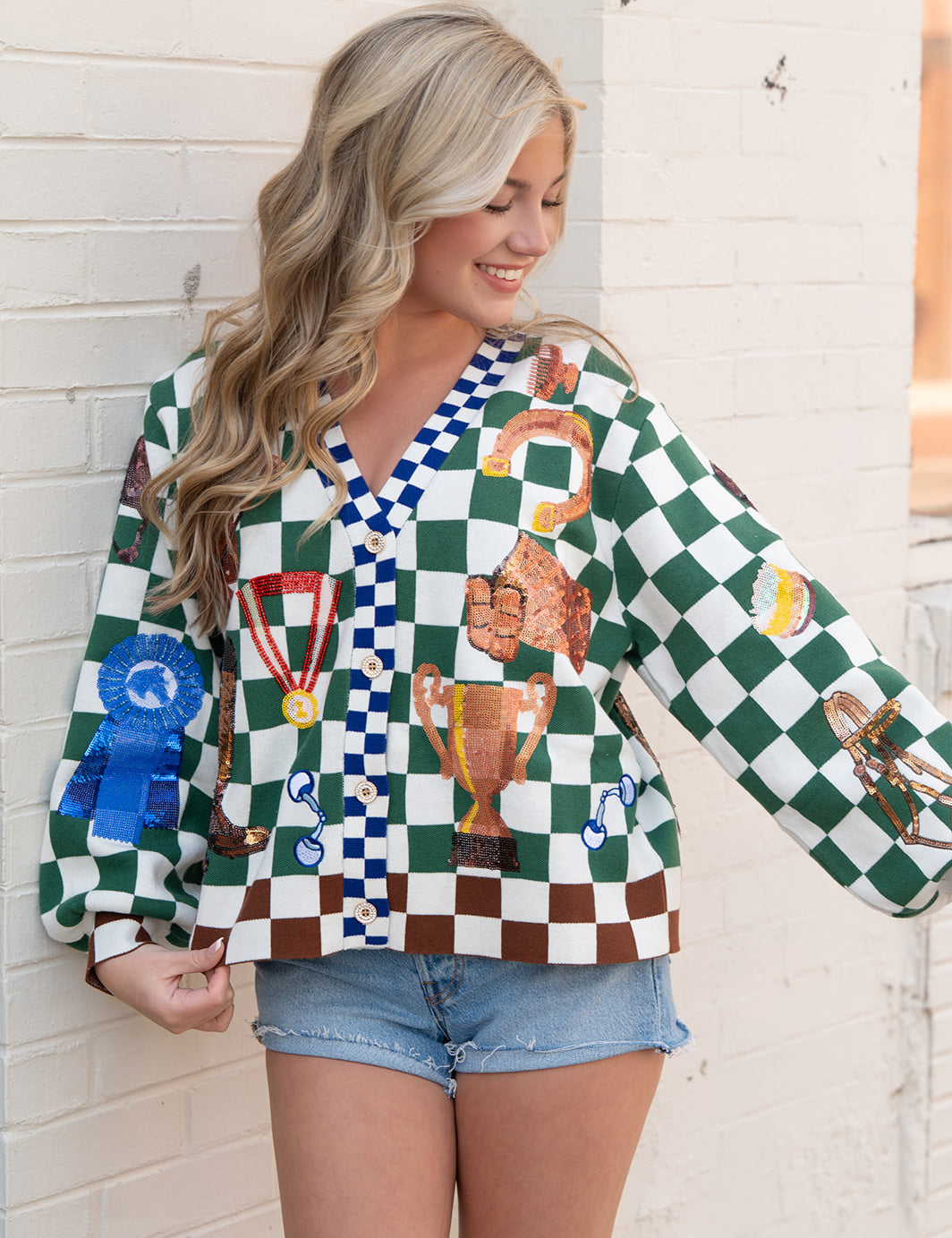 Queen of Sparkles Multi Checkered Derby Icon Button Up Cardigan