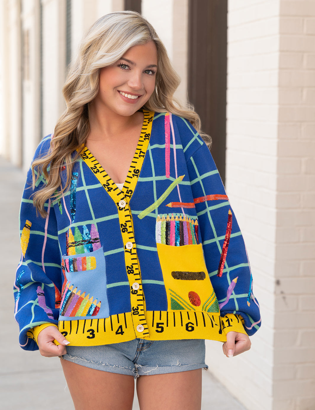 Queen of Sparkles Multi School Supplies Ruler Trim Button Up Cardigan