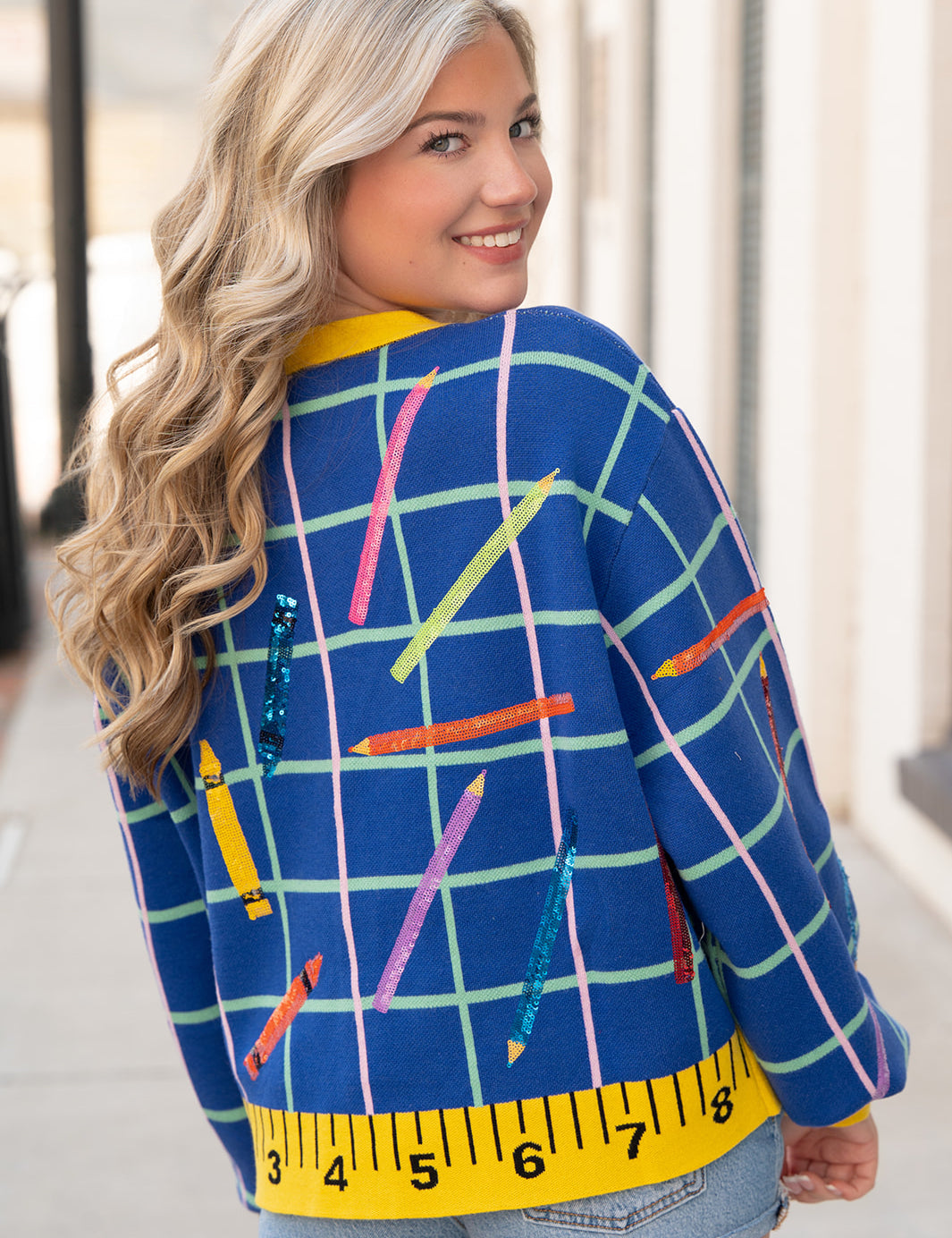 Queen of Sparkles Multi School Supplies Ruler Trim Button Up Cardigan