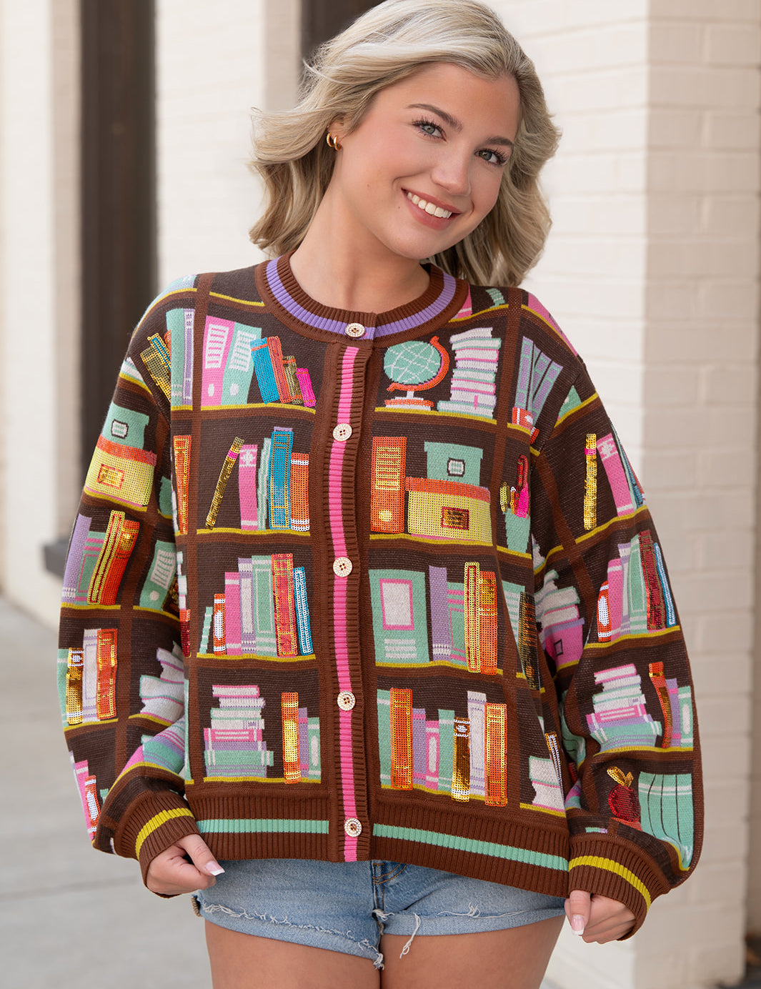 Queen of Sparkles Brown Multi Library Books Cardigan