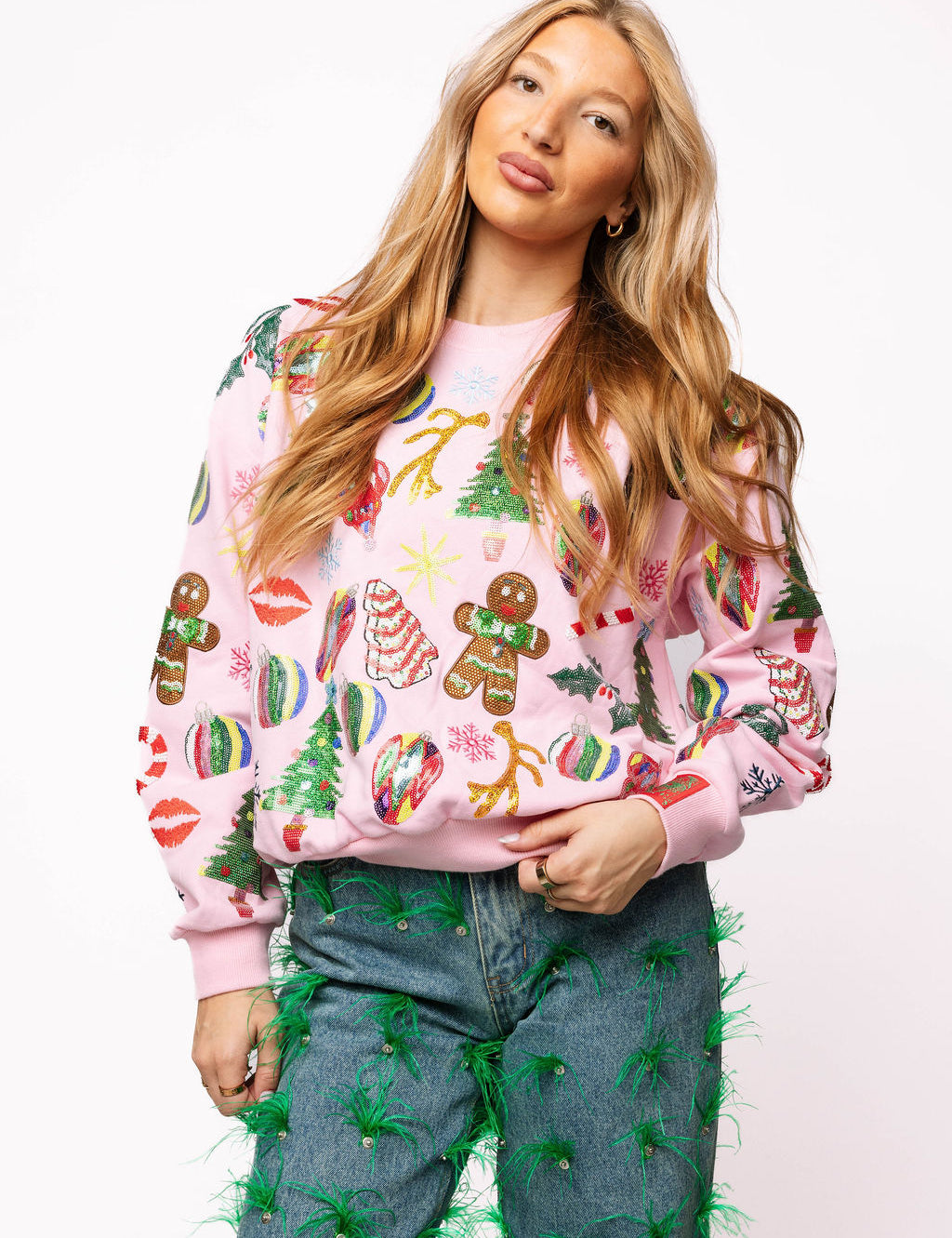 Light Pink Christmas Icons Sweatshirt - Light Pink [Queen of Sparkles]