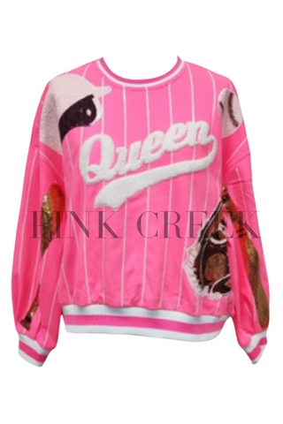 Batter Up Queen Sweatshirt Neon Pink Queen of Sparkles
