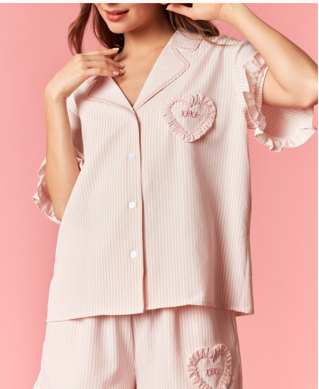 Mini Ric Rac with Ruffle Detailed Striped Short Sleeve & Shorts Pajama Set