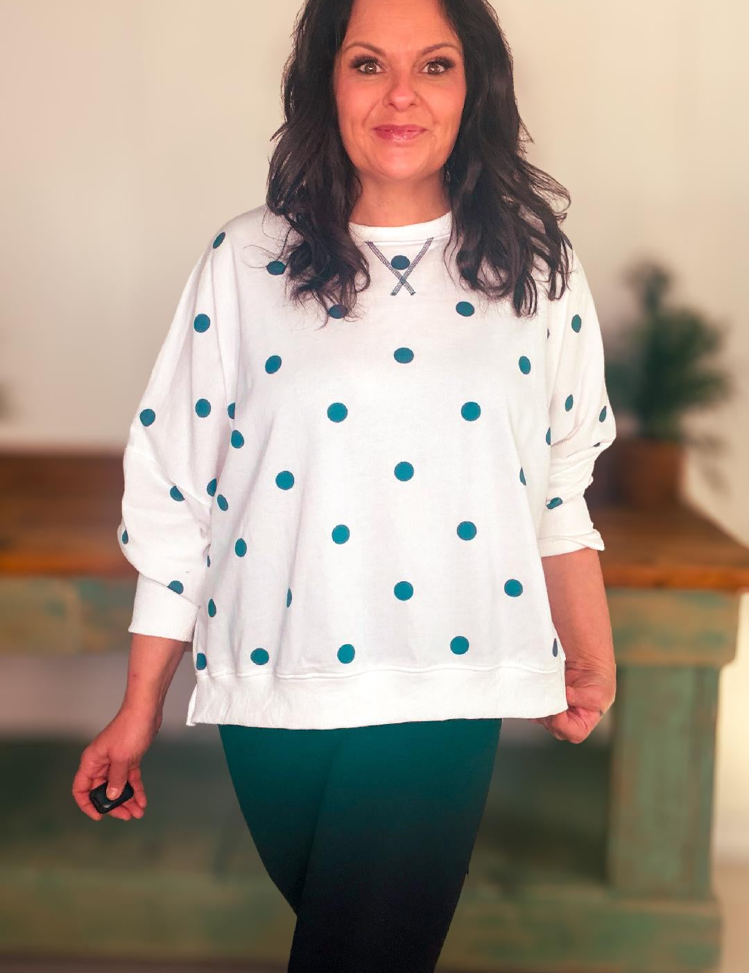 Polka Dot Printed Round Neck French Terry Oversized Sweatshirt White and Navy