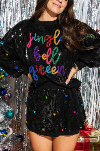Full Sequin Jingle Bell Queen Sweater Black Queen of Sparkles
