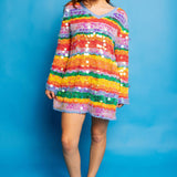 Stripe Paillette Long Sleeve Knit Dress - Rainbow [Queen of Sparkles]