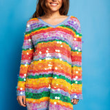 Stripe Paillette Long Sleeve Knit Dress - Rainbow [Queen of Sparkles]