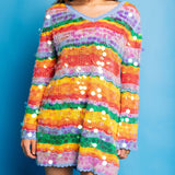 Stripe Paillette Long Sleeve Knit Dress - Rainbow [Queen of Sparkles]