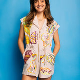 Stripe Multi Shell Tie Collar Romper - Tan [Queen of Sparkles]