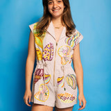 Stripe Multi Shell Tie Collar Romper - Tan [Queen of Sparkles]