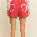 Denim Washed Heart Patch Elastic Band Waist Short-Red