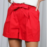 High-Rise Waist Tie Cotton Shorts – Red