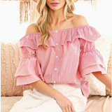 Button Front Striped Flutter Stylish Blouse Top