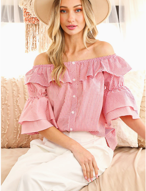 Button Front Striped Flutter Stylish Blouse Top