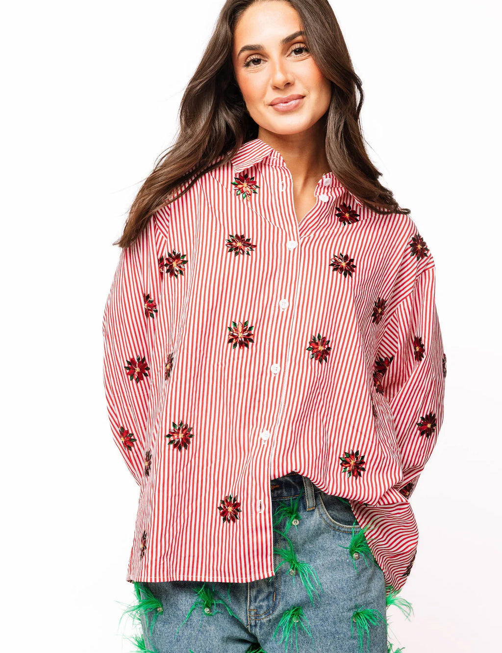 Red & White Striped Scattered Jeweled Poinsettia Button Up Collar Top