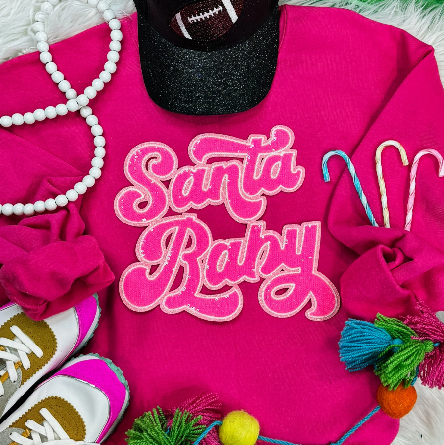 Santa Baby Sequin Patch Ribbed Crewneck – Dark Pink