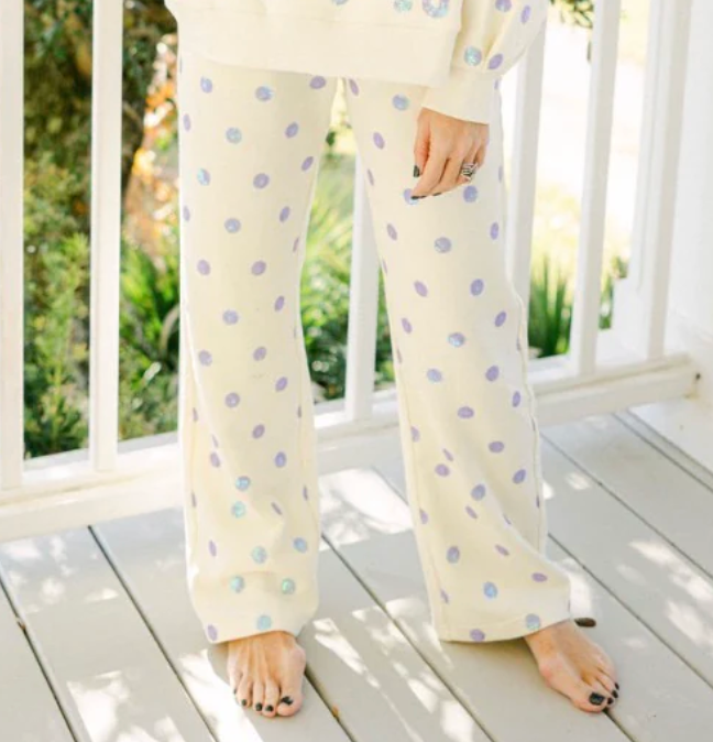 Beige & Lavender Polka Dot Sparkle Logo Pant - Queen of Sparkles
