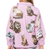 Queen of Sparkles Lavender Gingham Queen of Cats Button Up Long Sleeve Top