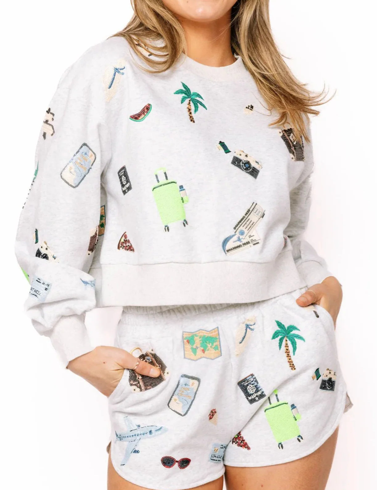 Queen of Sparkles Multi Travel Icon Cropped Sweatshirt
