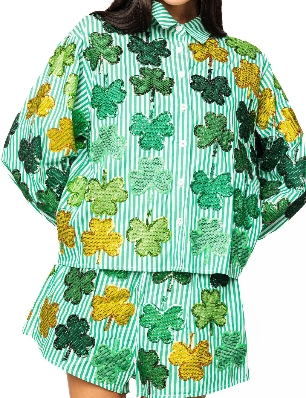 Green & White Striped Rhinestone Shamrock Button Up Long Sleeve Top