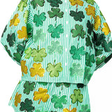Green & White Striped Rhinestone Shamrock Button Up Long Sleeve Top