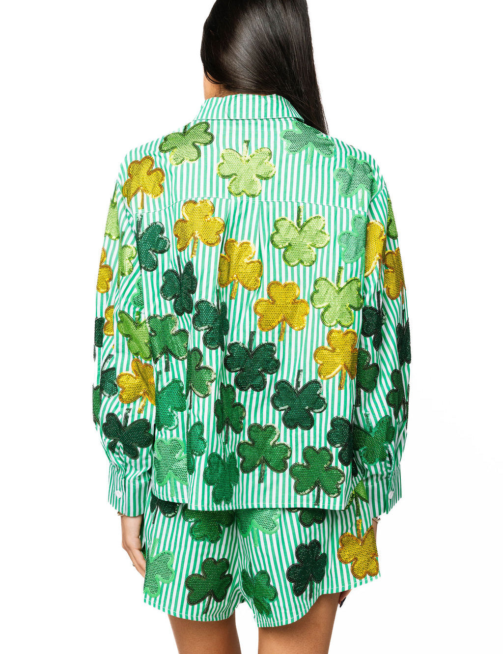 Green & White Striped Rhinestone Shamrock Button Up Long Sleeve Top
