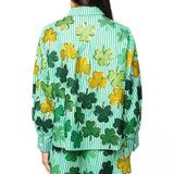 Green & White Striped Rhinestone Shamrock Button Up Long Sleeve Top