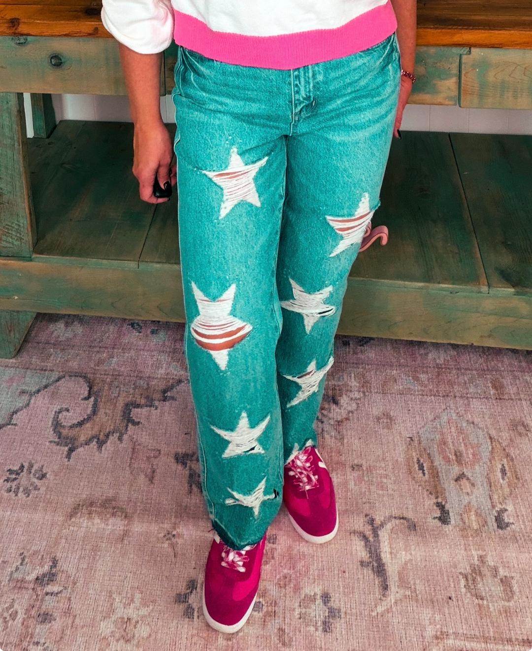 Judy Blue A True Star High Waist Distressed Star Rigid Straight Jeans