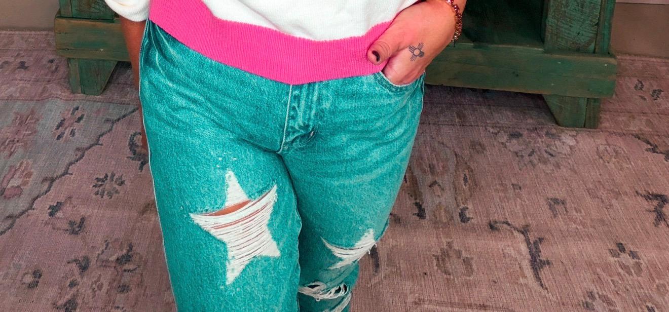 Judy Blue A True Star High Waist Distressed Star Rigid Straight Jeans