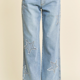 Star Patchwork Side Pocket Wide Leg Denim Pants