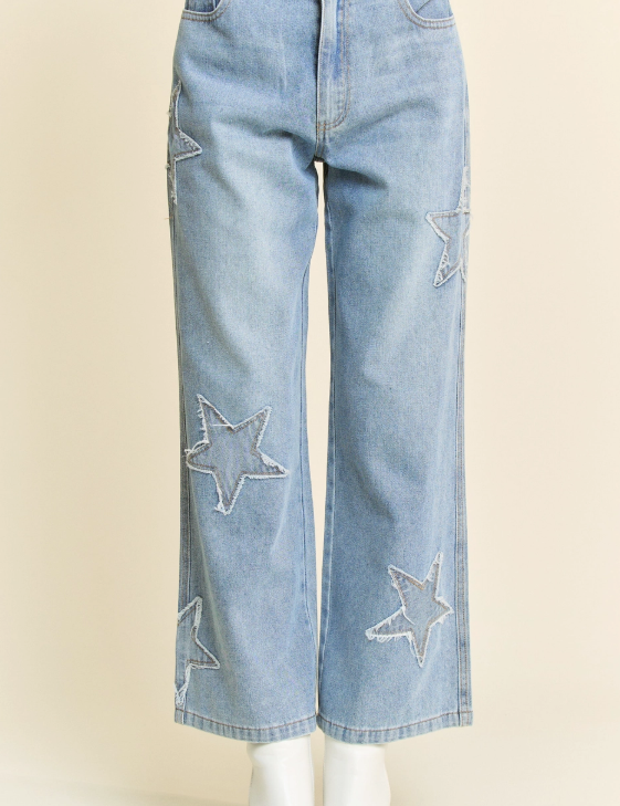 Star Patchwork Side Pocket Wide Leg Denim Pants