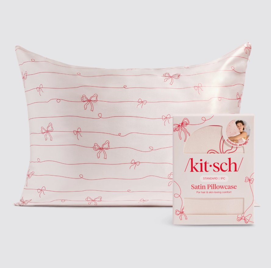Holiday Satin Pillowcase – Striped Bows | Kitsch