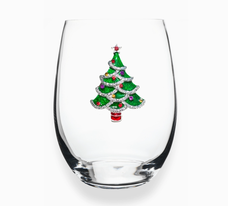Christmas Tree Jeweled Stemless Wine Glass