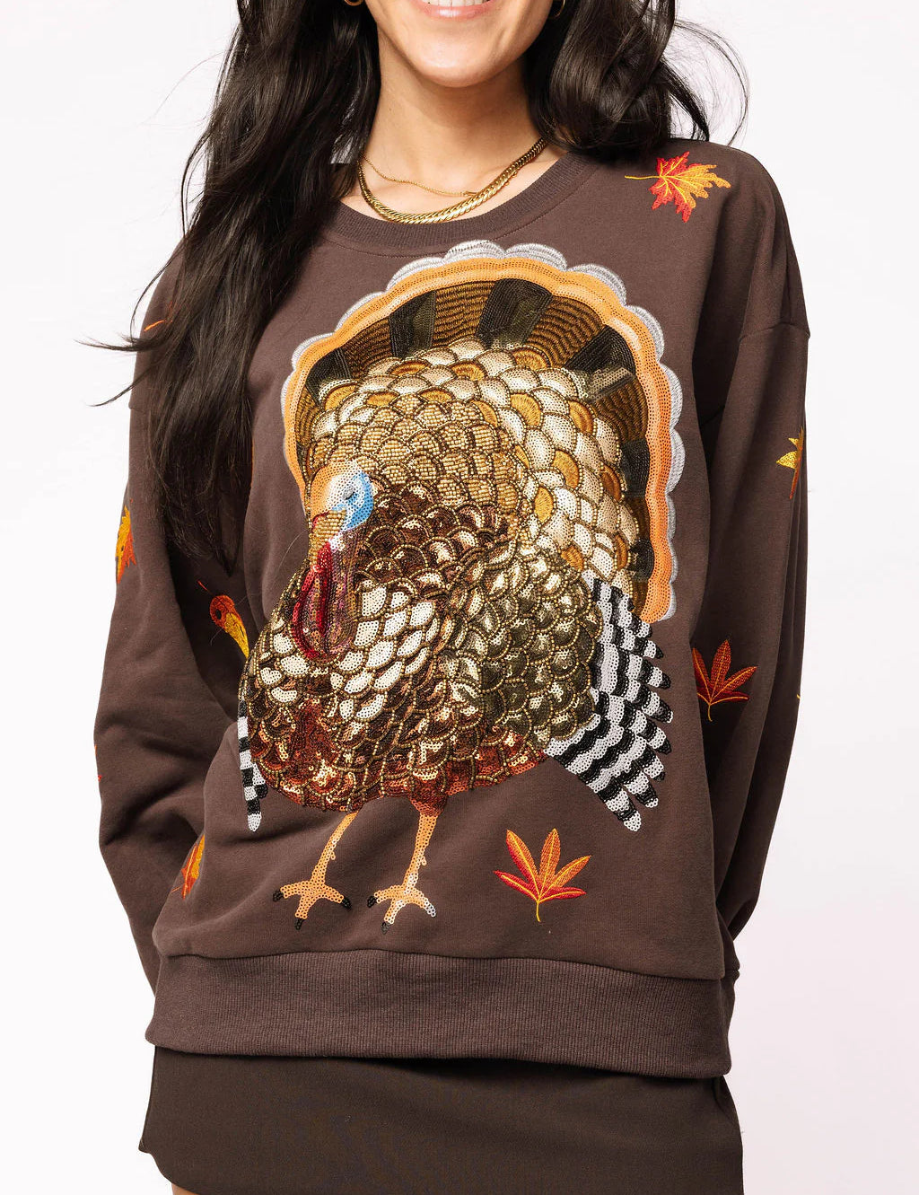 Brown Turkey & Leaves Sweatshirt - Brown [Queen of Sparkles]