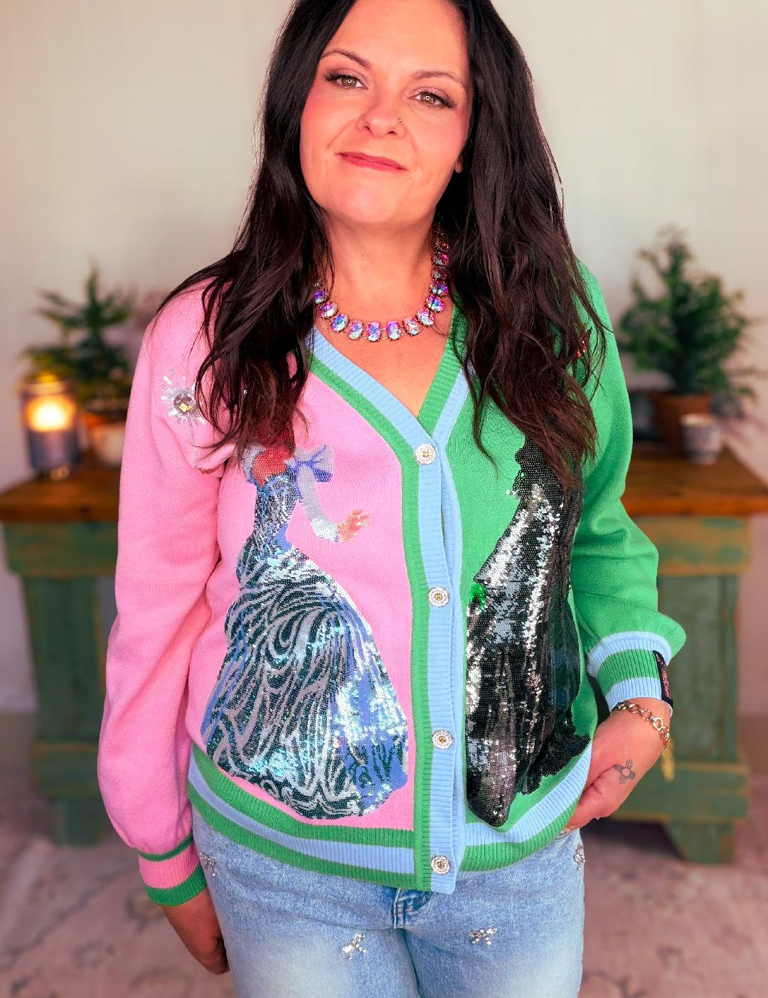 Licensed Colorblock Glinda & Elphaba Button Up Cardigan – Wicked | Queen of Sparkles