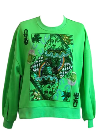 St. Patrick's Day QOS Card Sweatshirt Neon Green Queen of Sparkles