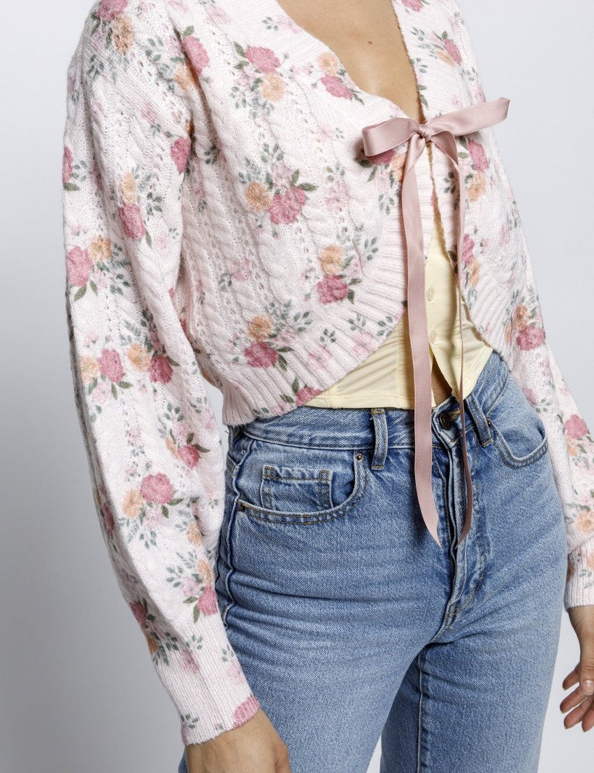 Harper Floral Bouquet Cropped Cardigan - Pink