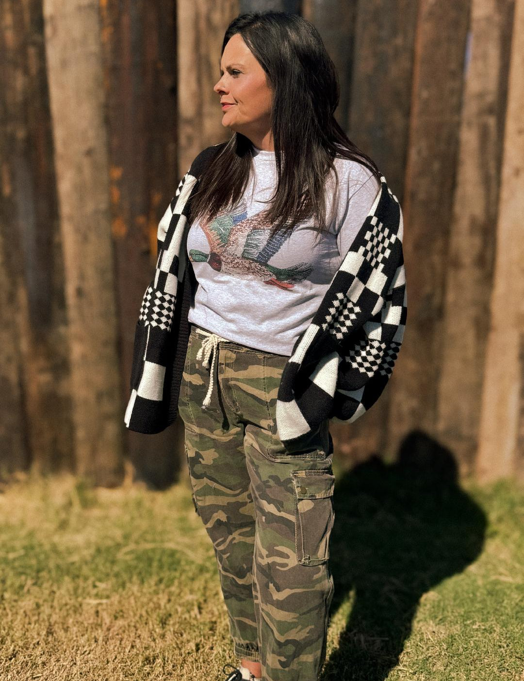 Block Check Open Knit Cardigan with Pocket