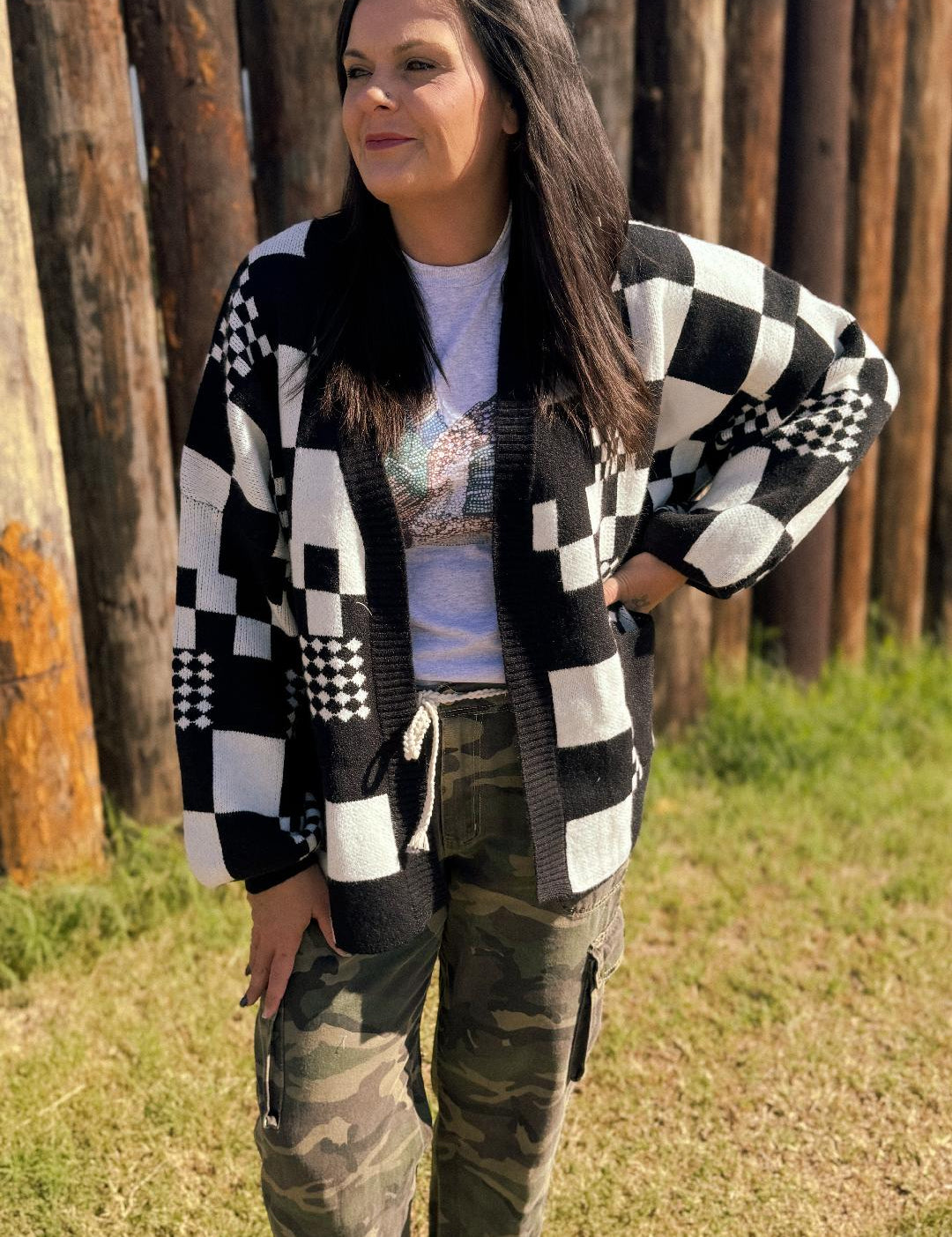 Block Check Open Knit Cardigan with Pocket