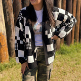 Block Check Open Knit Cardigan with Pocket