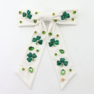 White Shamrock Bow Clip with Crystals
