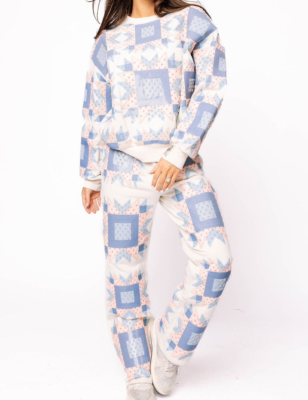 Preorder Ivory, Blue & Light Pink Patchwork Pant - Multi [Queen of Sparkles]